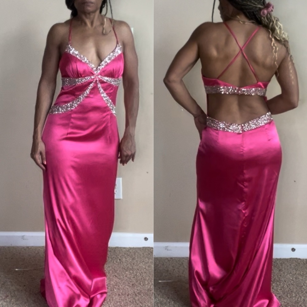 Cache Hot Pink and Silver Beaded Sequin Sexy Low Back Prom Evening Gown